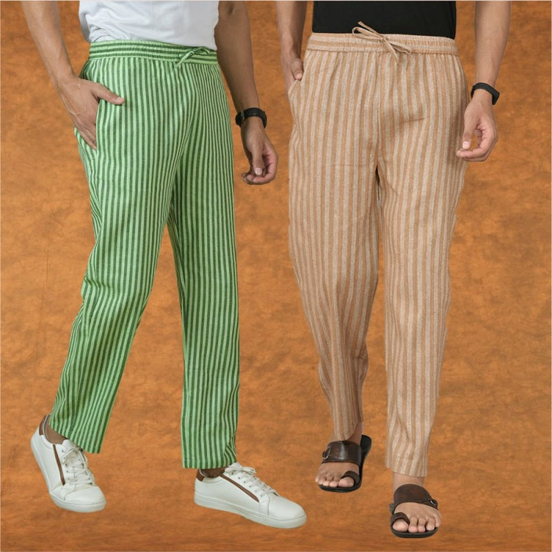 Combo of 2 Men Beige Olive Green Cotton Handloom Stripe Pant-15087