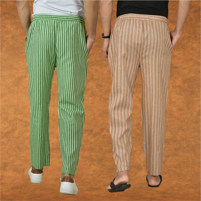 Combo of 2 Men Beige Olive Green Cotton Handloom Stripe Pant-15087