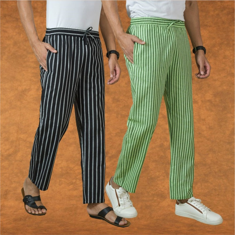 Combo of 2 Men Black Olive Green Cotton Handloom Stripe Pant-15043
