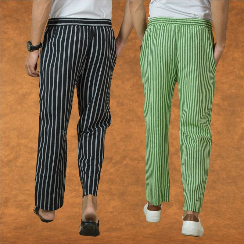 Combo of 2 Men Black Olive Green Cotton Handloom Stripe Pant-15043