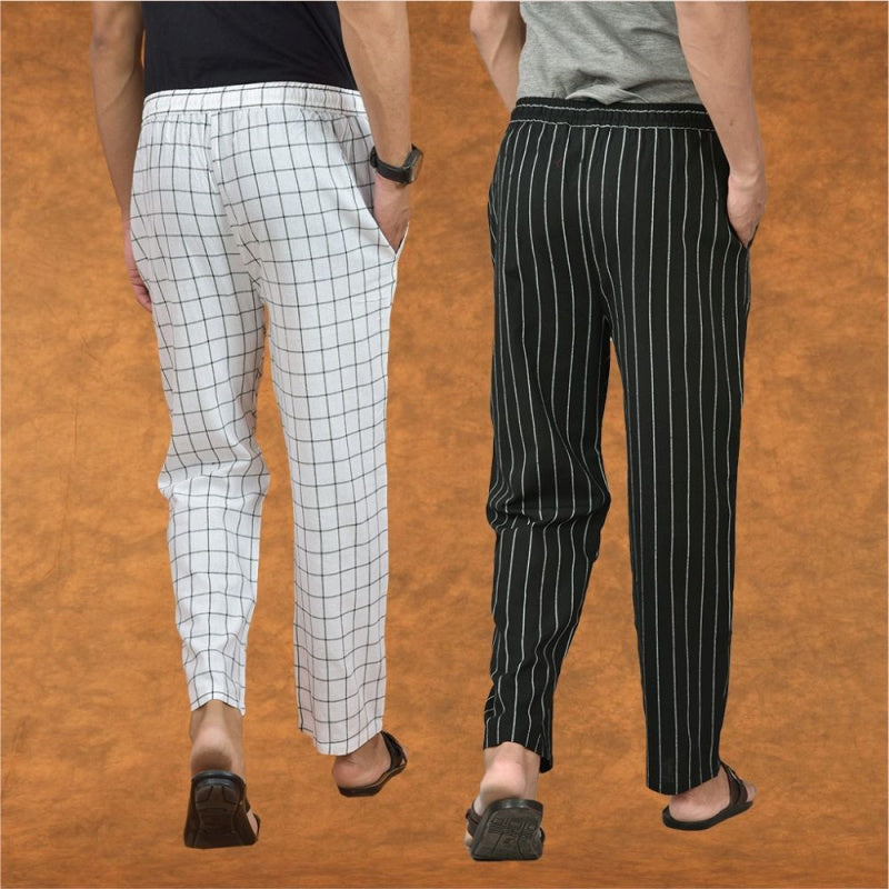 Combo of 2 Men Black White Cotton Handloom Stripe Pant-15079