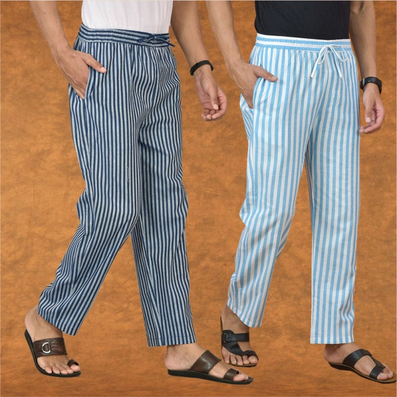 Combo of 2 Men Blue Sky Blue Cotton Handloom Stripe Pant-15068