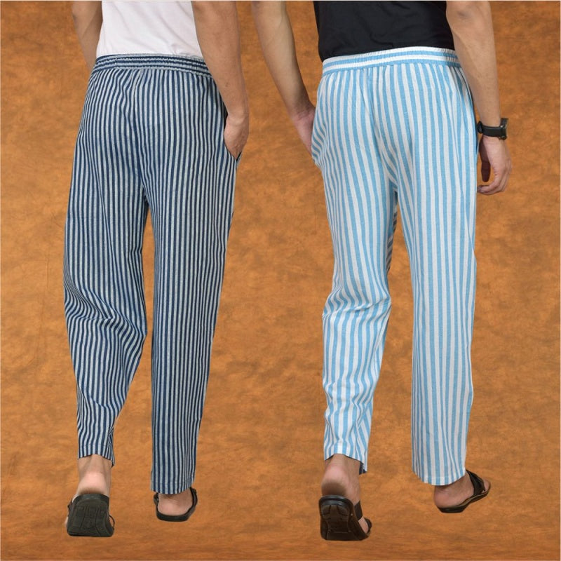Combo of 2 Men Blue Sky Blue Cotton Handloom Stripe Pant-15068