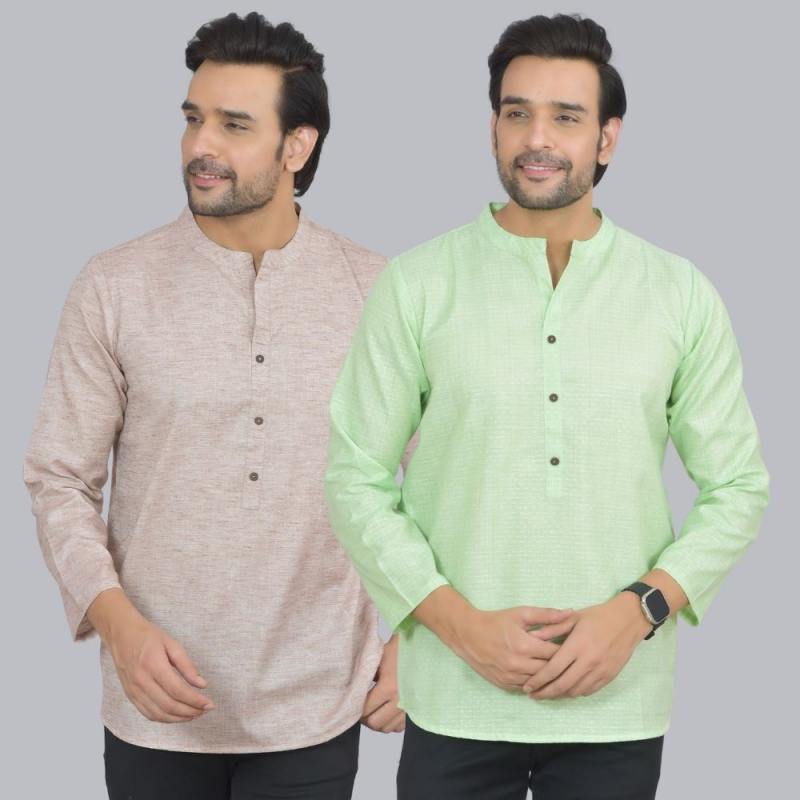 Combo of 2 Men Cotton Self Design Short Kurta Beige and Green