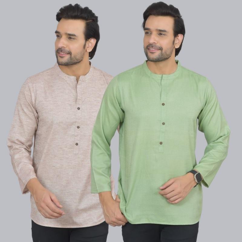 Combo of 2 Men Cotton Self Design Short Kurta Beige and Green