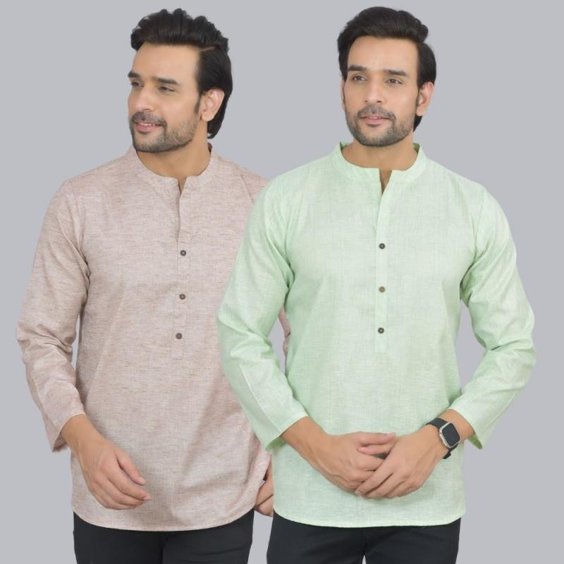 Combo of 2 Men Cotton Self Design Short Kurta Beige and Green