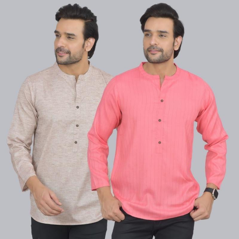 Combo of 2 Men Cotton Self Design Short Kurta Beige and Peach