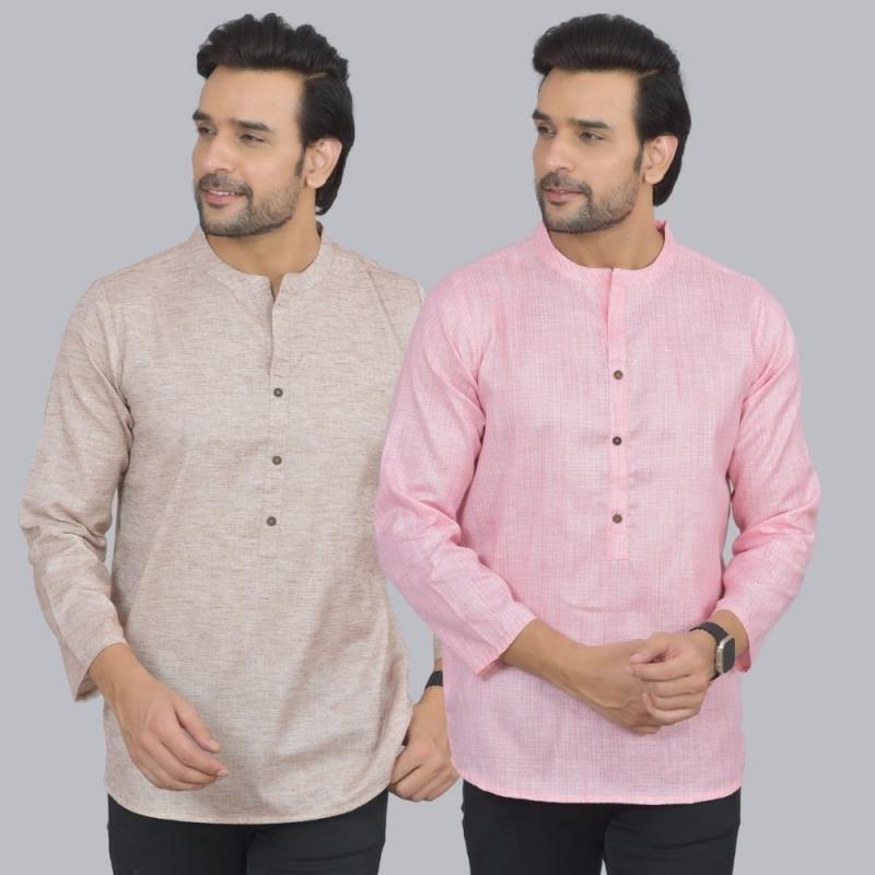 Combo of 2 Men Cotton Self Design Short Kurta Beige and Pink