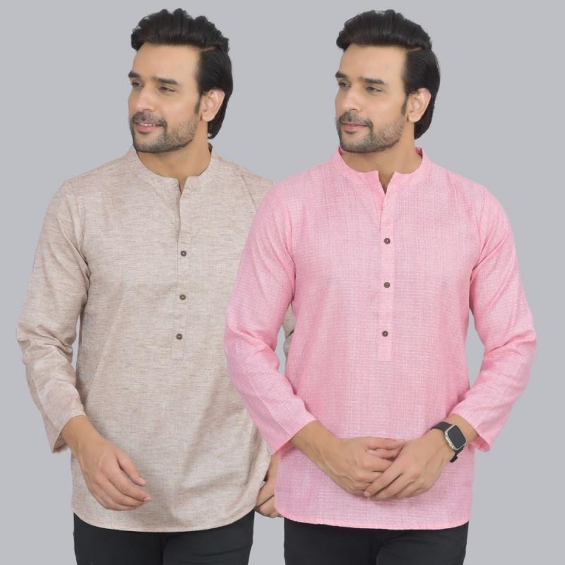 Combo of 2 Men Cotton Self Design Short Kurta Beige and Pink