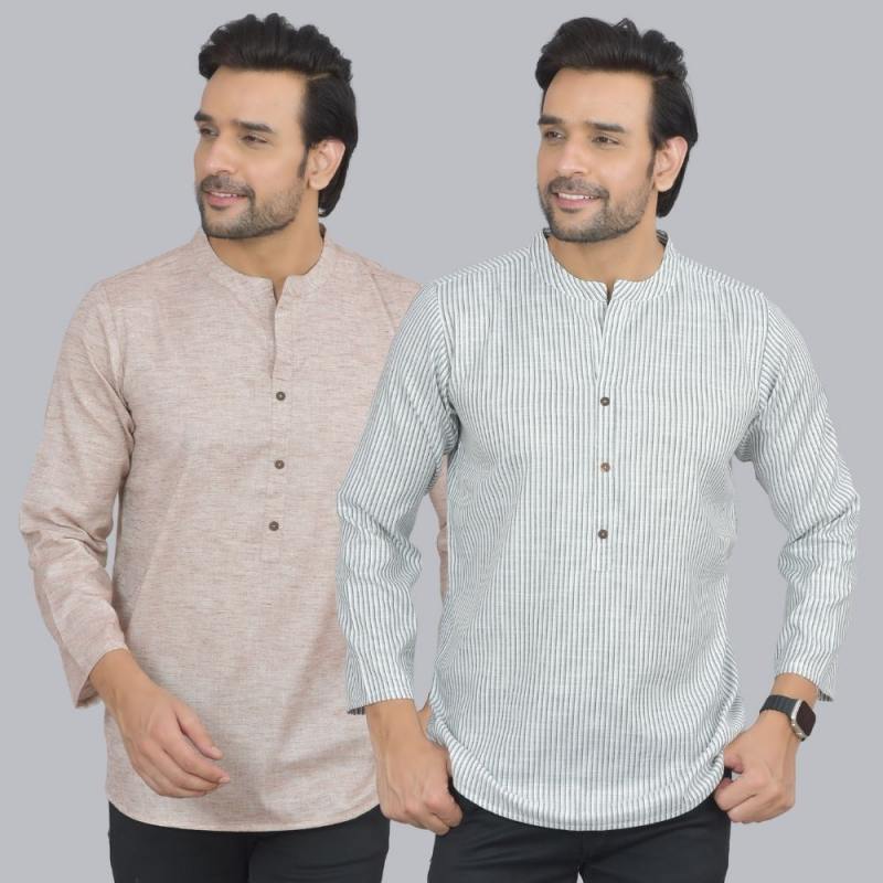 Combo of 2 Men Cotton Self Design Short Kurta Beige and White