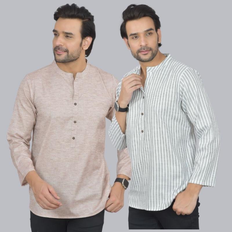 Combo of 2 Men Cotton Self Design Short Kurta Beige and White