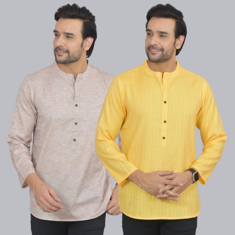 Combo of 2 Men Cotton Self Design Short Kurta Beige and Yellow