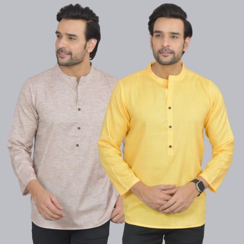 Combo of 2 Men Cotton Self Design Short Kurta Beige and Yellow