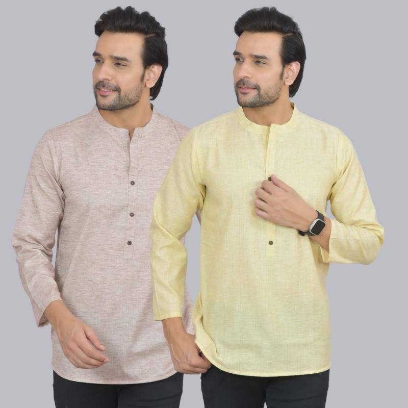 Combo of 2 Men Cotton Self Design Short Kurta Beige and Yellow
