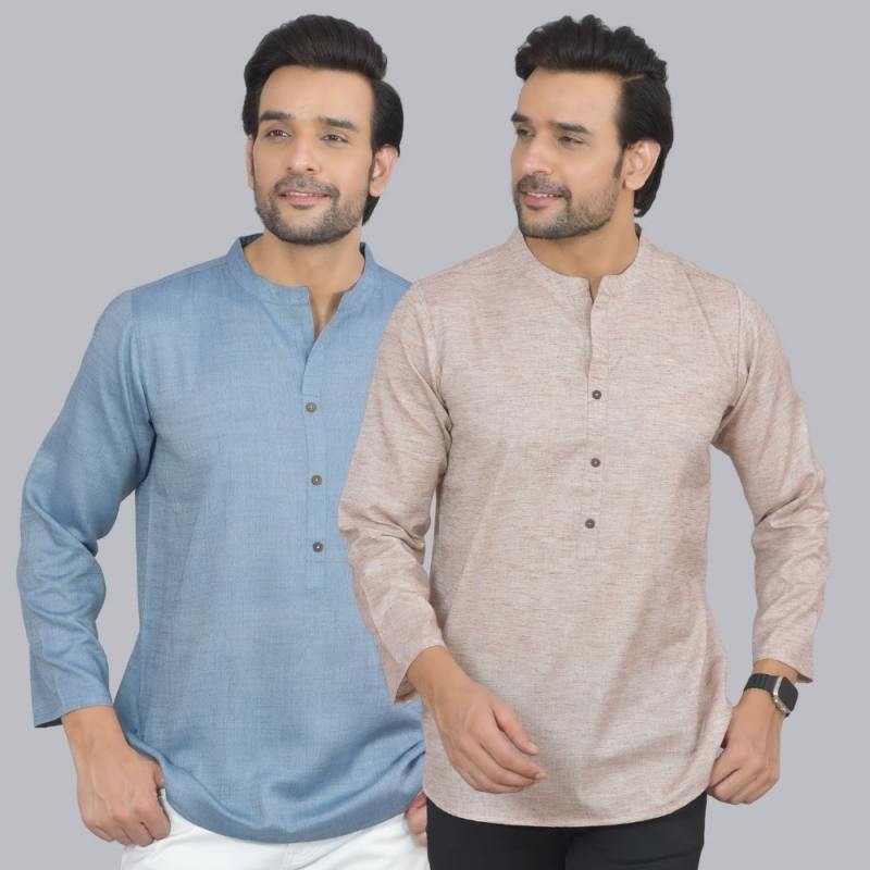 Combo of 2 Men Cotton Self Design Short Kurta Blue and Beige