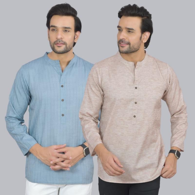 Combo of 2 Men Cotton Self Design Short Kurta Blue and Beige