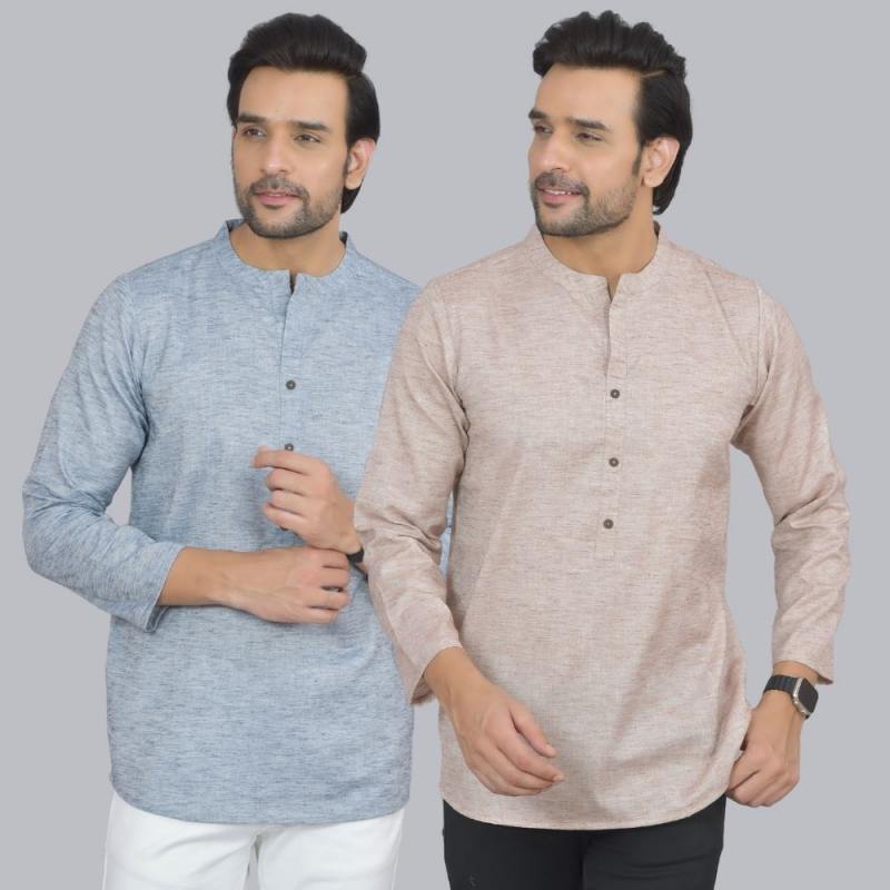 Combo of 2 Men Cotton Self Design Short Kurta Blue and Beige