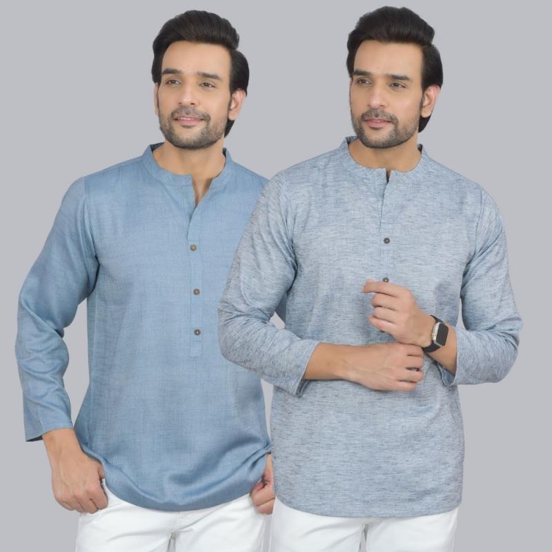 Combo of 2 Men Cotton Self Design Short Kurta Blue and Blue