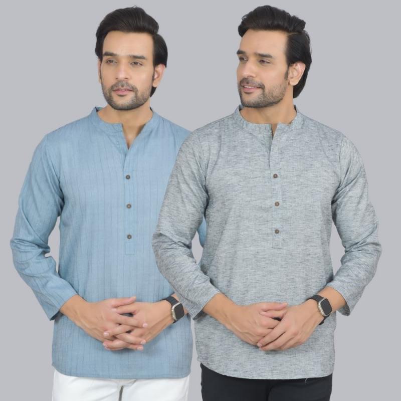 Combo of 2 Men Cotton Self Design Short Kurta Blue and Gray