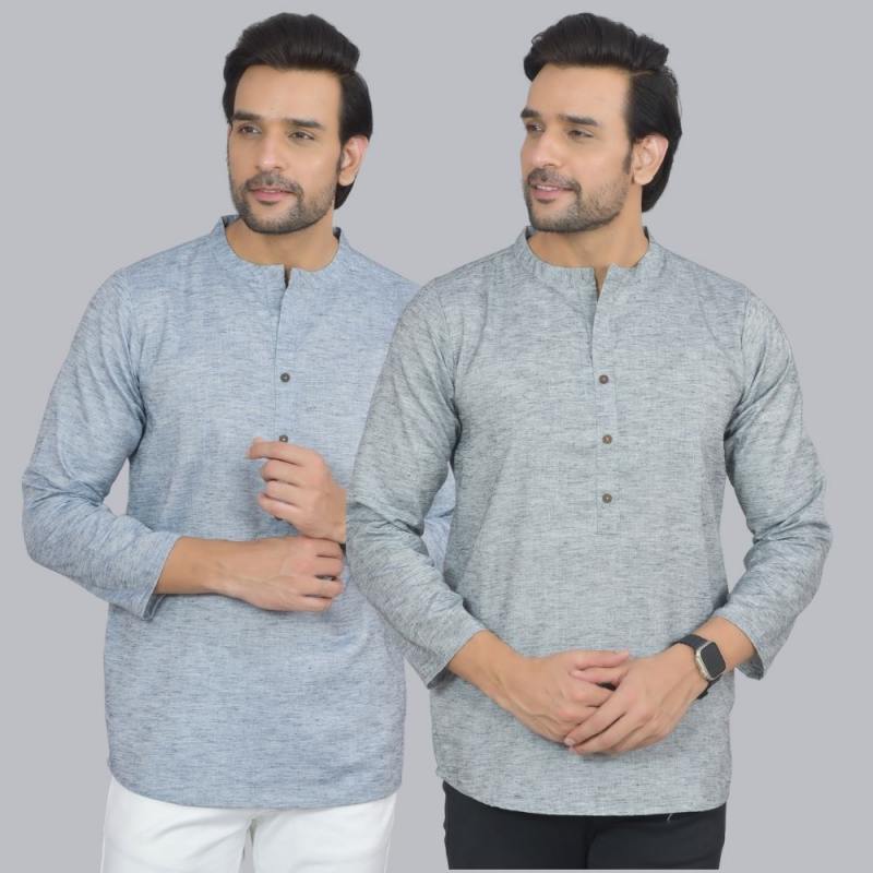 Combo of 2 Men Cotton Self Design Short Kurta Blue and Gray