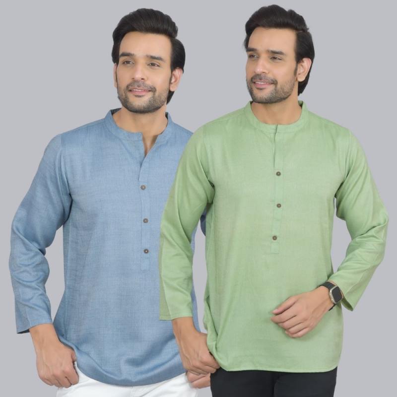 Combo of 2 Men Cotton Self Design Short Kurta Blue and Green