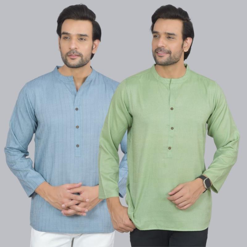 Combo of 2 Men Cotton Self Design Short Kurta Blue and Green