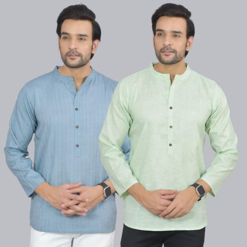 Combo of 2 Men Cotton Self Design Short Kurta Blue and Green