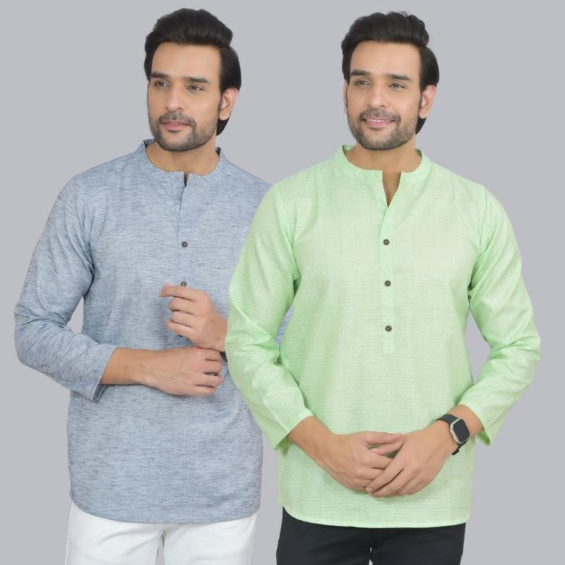 Combo of 2 Men Cotton Self Design Short Kurta Blue and Green