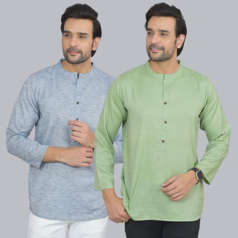 Combo of 2 Men Cotton Self Design Short Kurta Blue and Green
