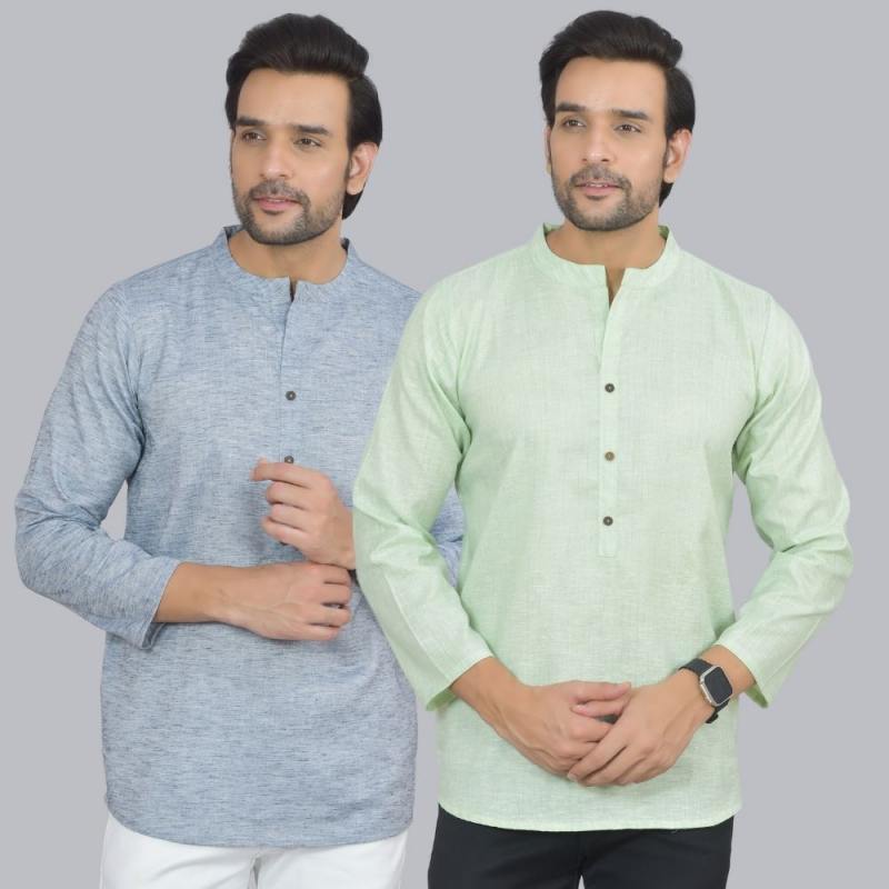 Combo of 2 Men Cotton Self Design Short Kurta Blue and Green