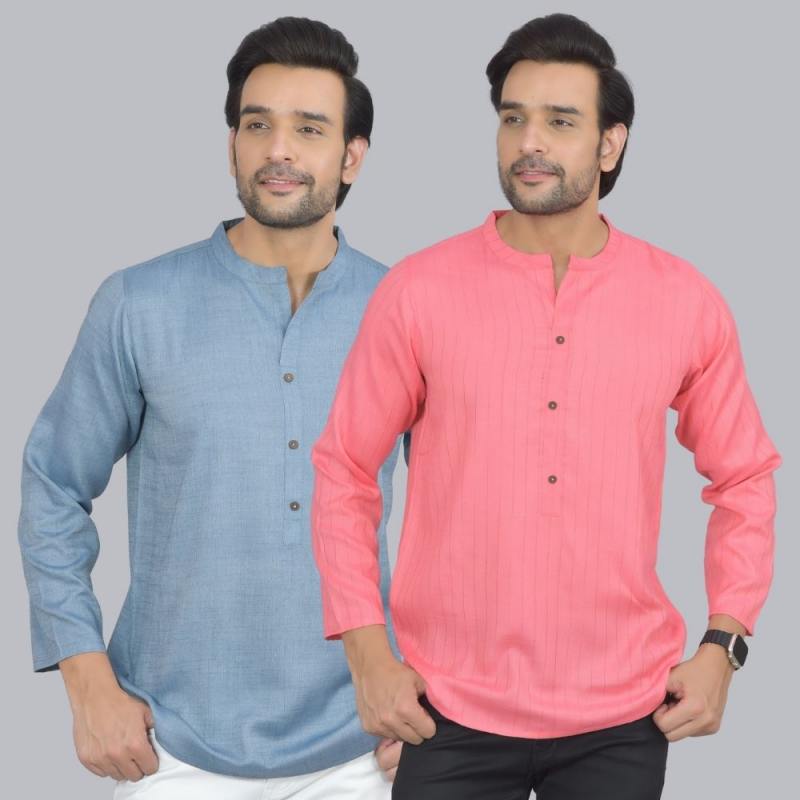 Combo of 2 Men Cotton Self Design Short Kurta Blue and Peach