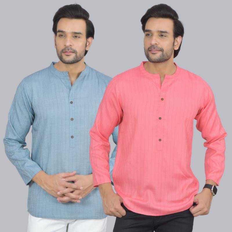 Combo of 2 Men Cotton Self Design Short Kurta Blue and Peach