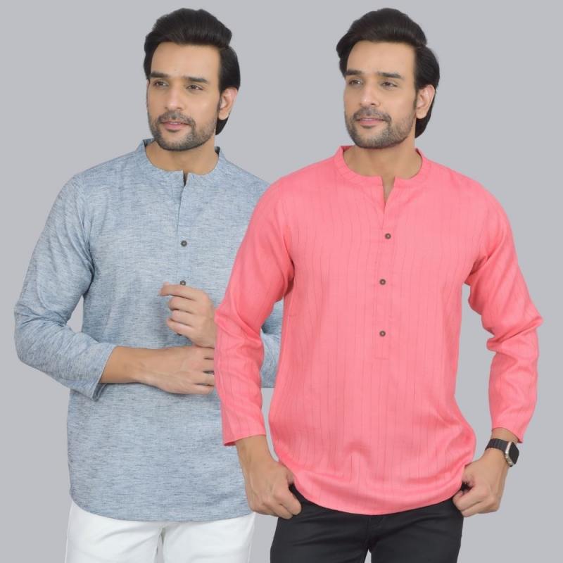 Combo of 2 Men Cotton Self Design Short Kurta Blue and Peach