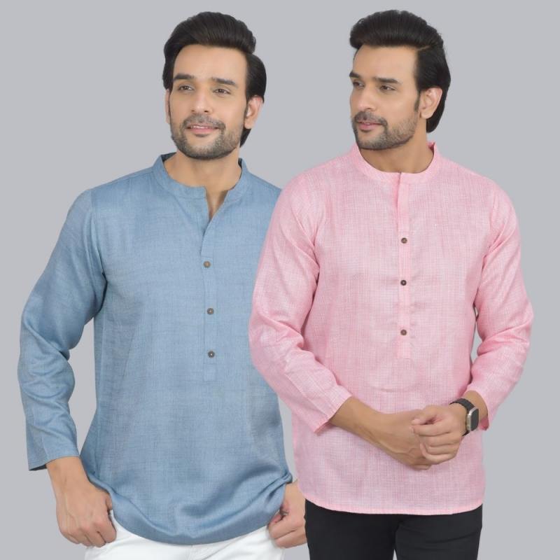 Combo of 2 Men Cotton Self Design Short Kurta Blue and Pink