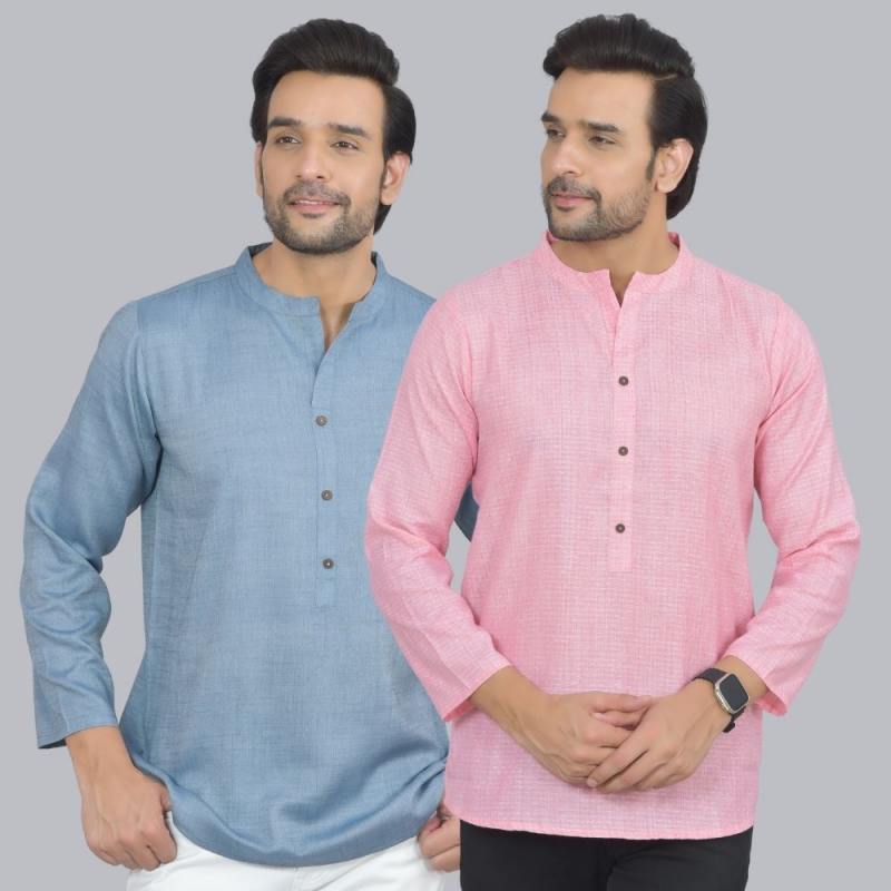 Combo of 2 Men Cotton Self Design Short Kurta Blue and Pink