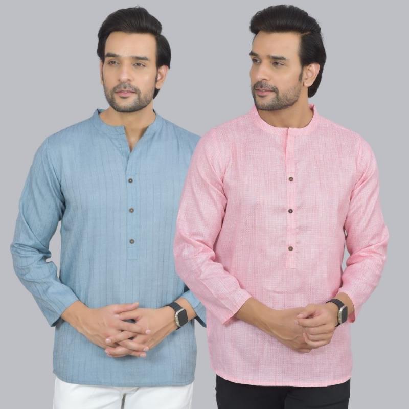 Combo of 2 Men Cotton Self Design Short Kurta Blue and Pink