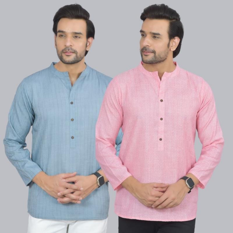 Combo of 2 Men Cotton Self Design Short Kurta Blue and Pink