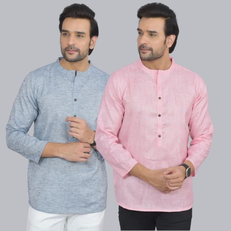 Combo of 2 Men Cotton Self Design Short Kurta Blue and Pink