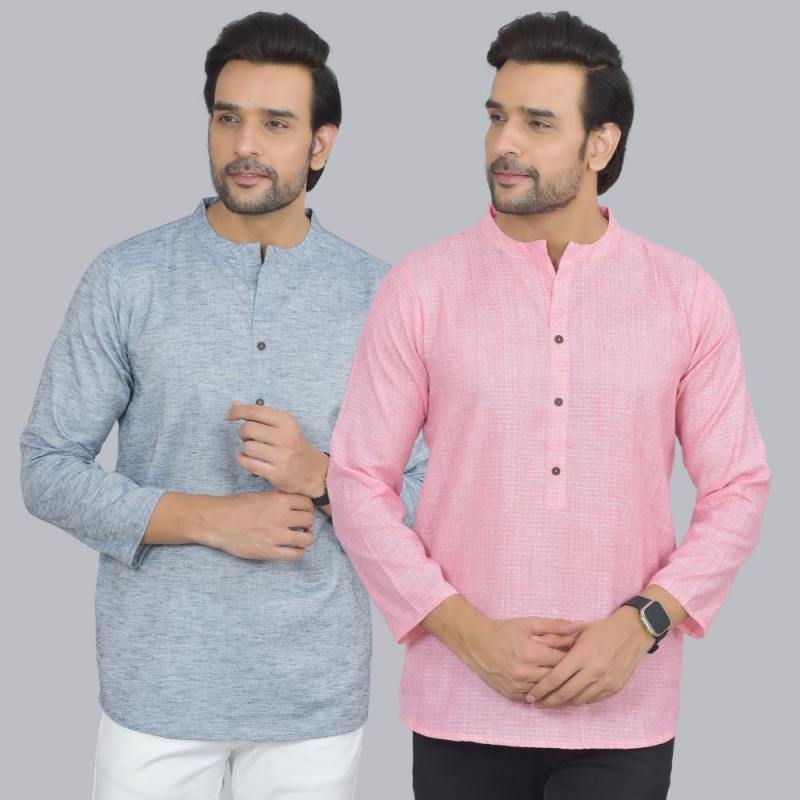 Combo of 2 Men Cotton Self Design Short Kurta Blue and Pink