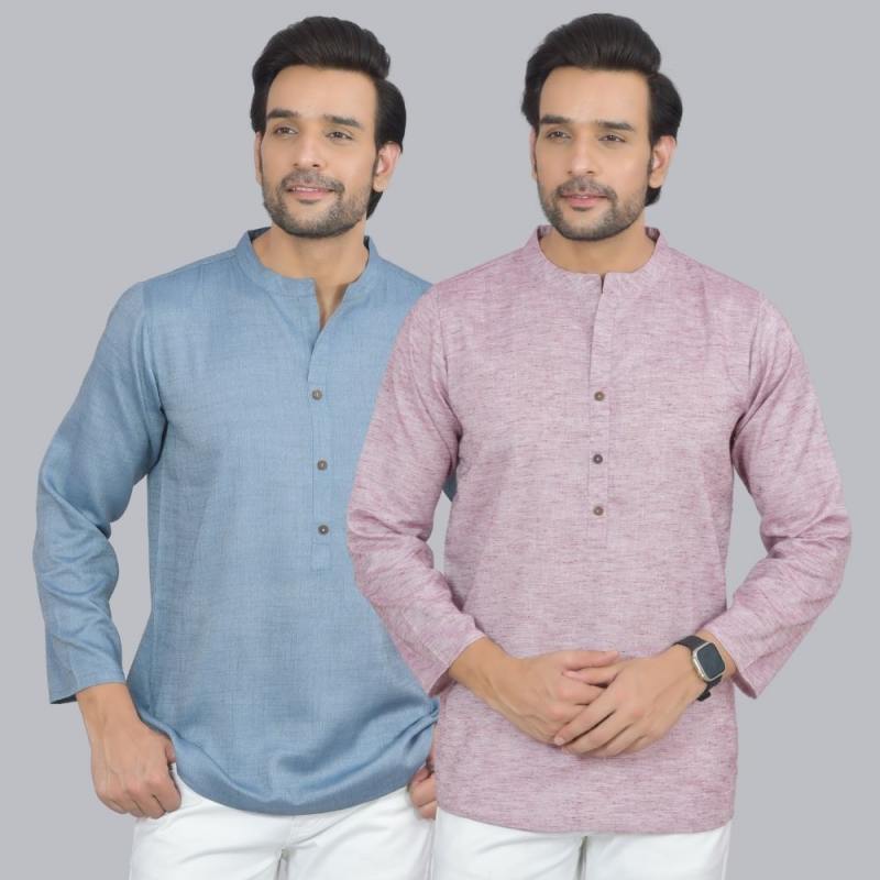 Combo of 2 Men Cotton Self Design Short Kurta Blue and Purple