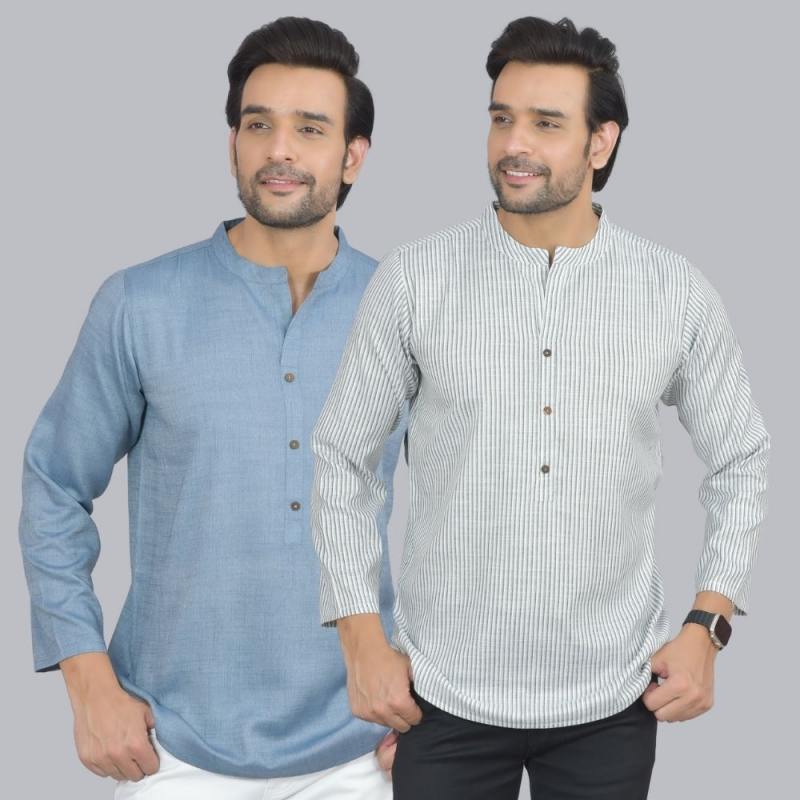 Combo of 2 Men Cotton Self Design Short Kurta Blue and White