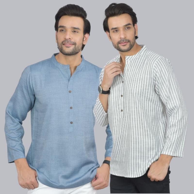 Combo of 2 Men Cotton Self Design Short Kurta Blue and White