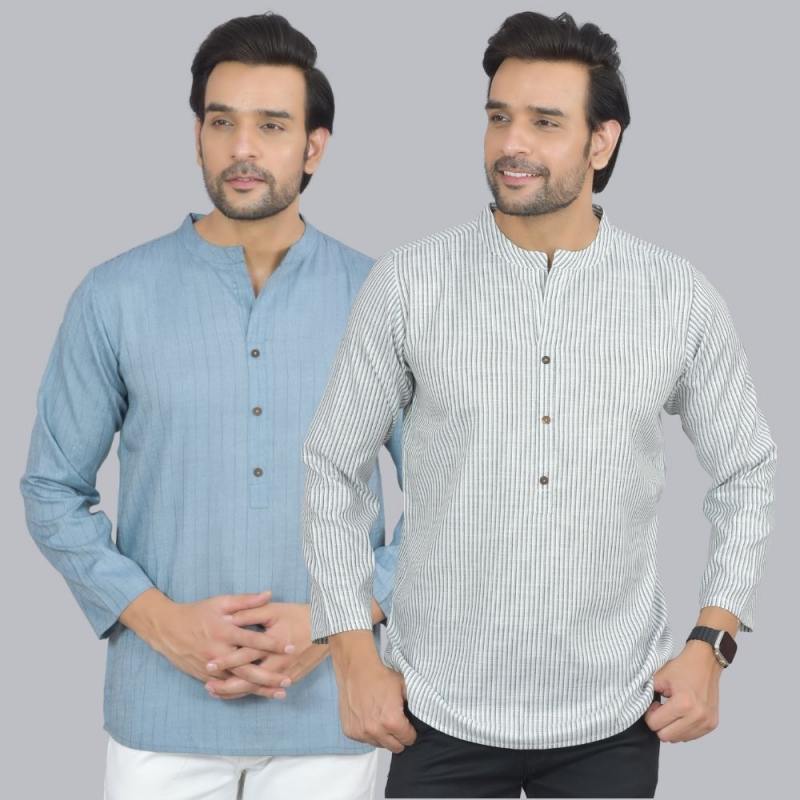 Combo of 2 Men Cotton Self Design Short Kurta Blue and White