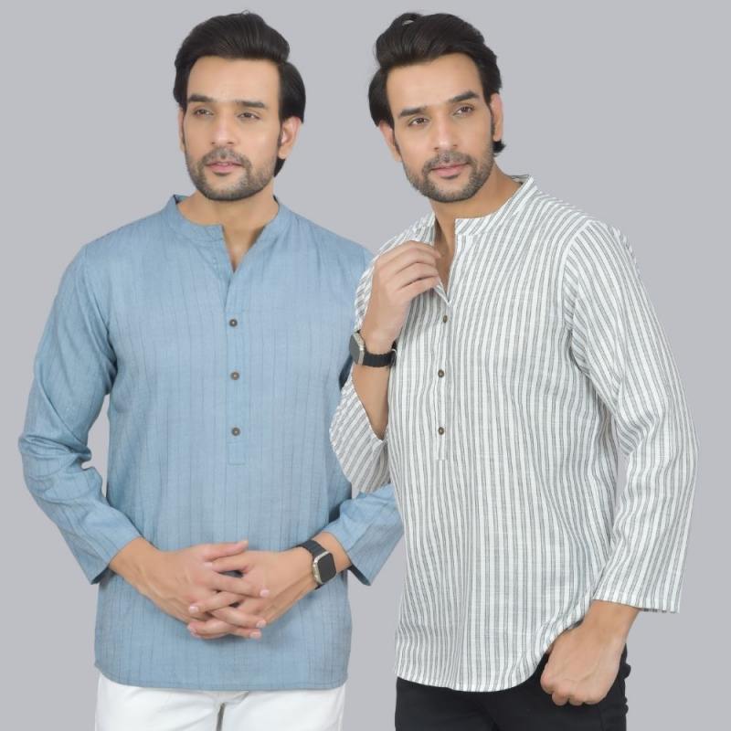 Combo of 2 Men Cotton Self Design Short Kurta Blue and White