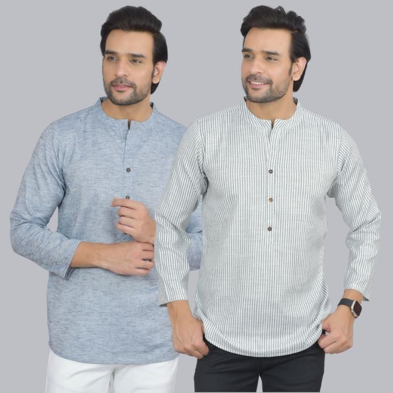Combo of 2 Men Cotton Self Design Short Kurta Blue and White