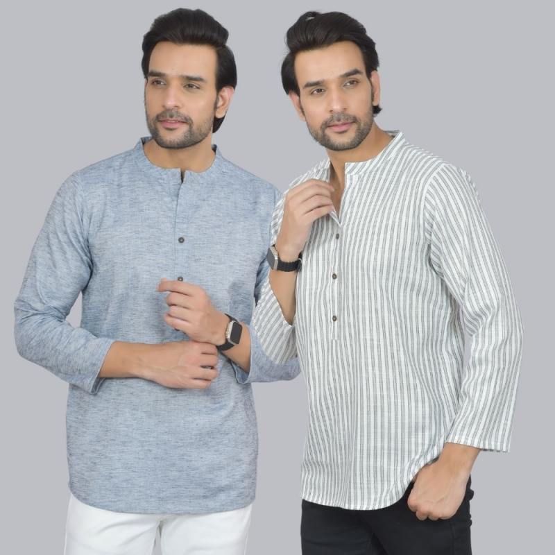 Combo of 2 Men Cotton Self Design Short Kurta Blue and White