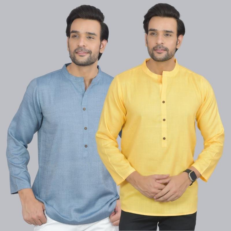 Combo of 2 Men Cotton Self Design Short Kurta Blue and Yellow