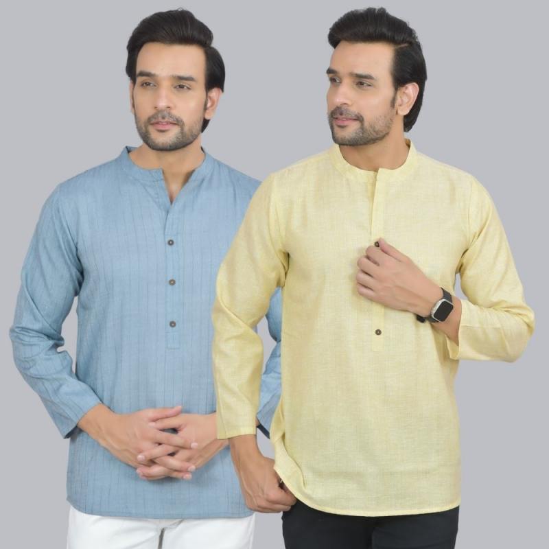 Combo of 2 Men Cotton Self Design Short Kurta Blue and Yellow