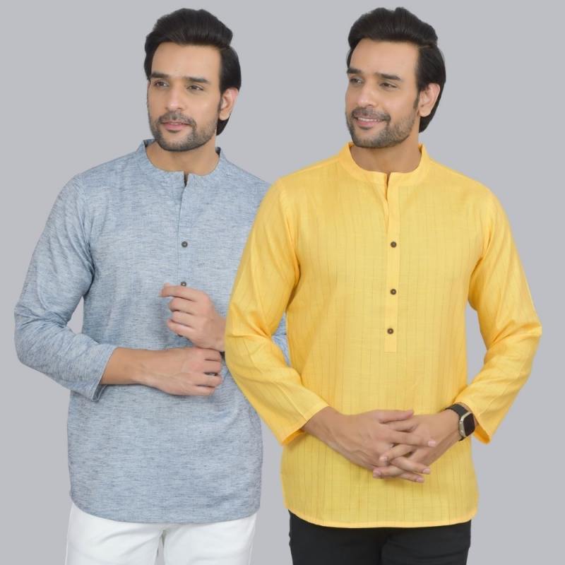 Combo of 2 Men Cotton Self Design Short Kurta Blue and Yellow