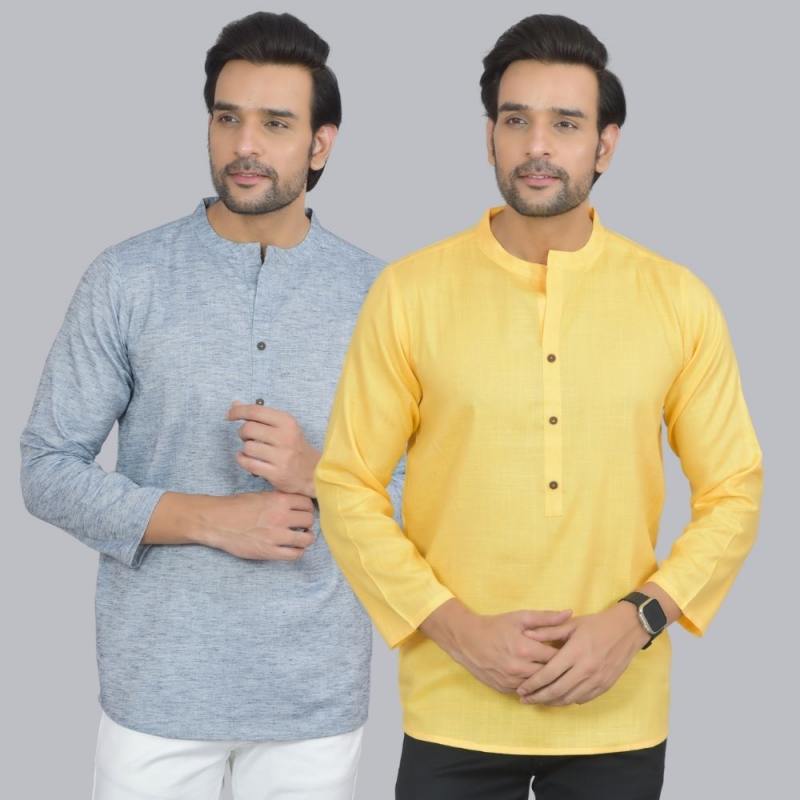 Combo of 2 Men Cotton Self Design Short Kurta Blue and Yellow